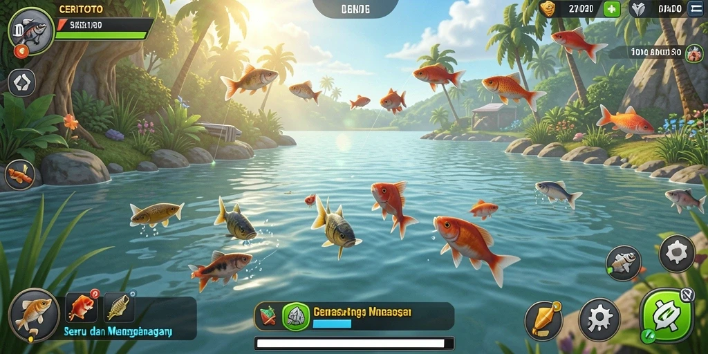 Screenshot gameplay CERITOTO menampilkan aksi memancing yang seru.