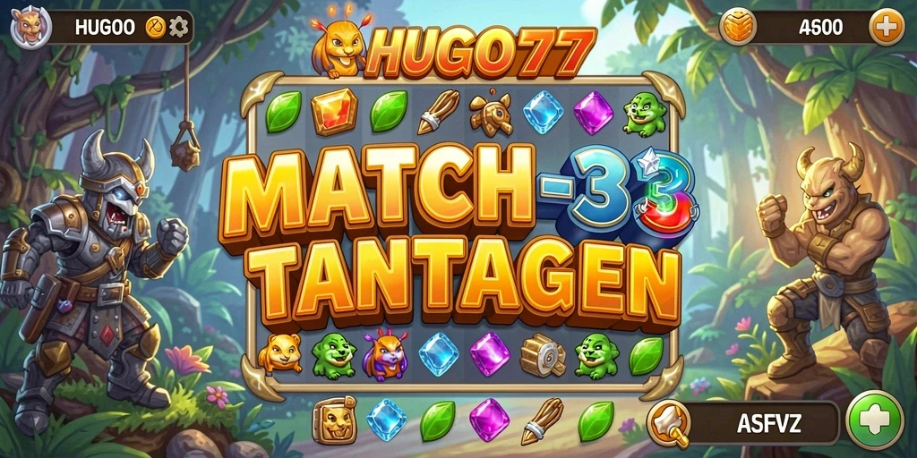 Screenshot HUGO77 menampilkan aksi Match-3 yang penuh warna.