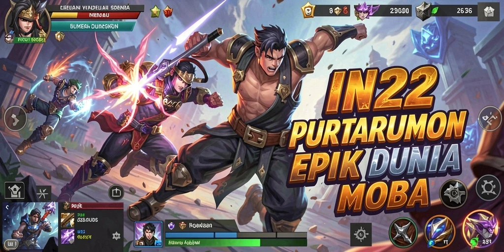 Screenshot gameplay IN22 menampilkan aksi MOBA yang seru.