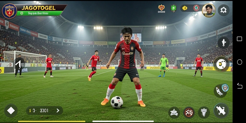 Screenshot gameplay JAGOTOGEL menampilkan aksi sepak bola yang menegangkan.