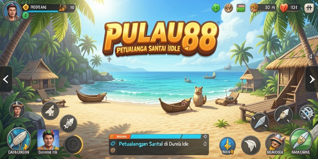 Screenshot PULAU88 menampilkan suasana pulau yang indah dengan gameplay Idle yang menenangkan.