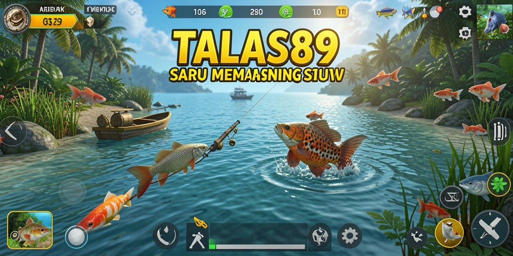 Screenshot gameplay TALAS89 menunjukkan aksi memancing seru di lokasi menarik.