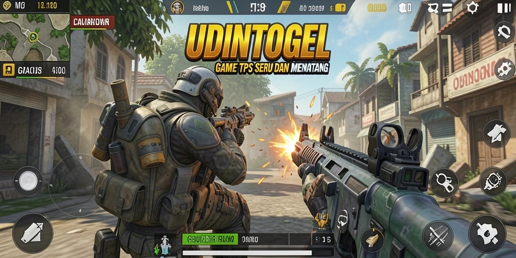 Tangkapan layar gameplay UDINTOGEL yang menampilkan aksi tembak-menembak yang seru.