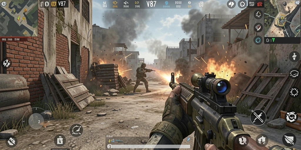 Gameplay mendebarkan di dunia FPS V87 dengan aksi tembak-menembak intens.